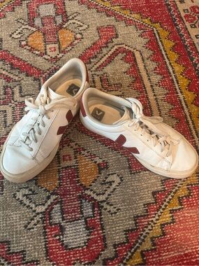 Veja Women’s White Leather Sneakers with Burgundy Accents